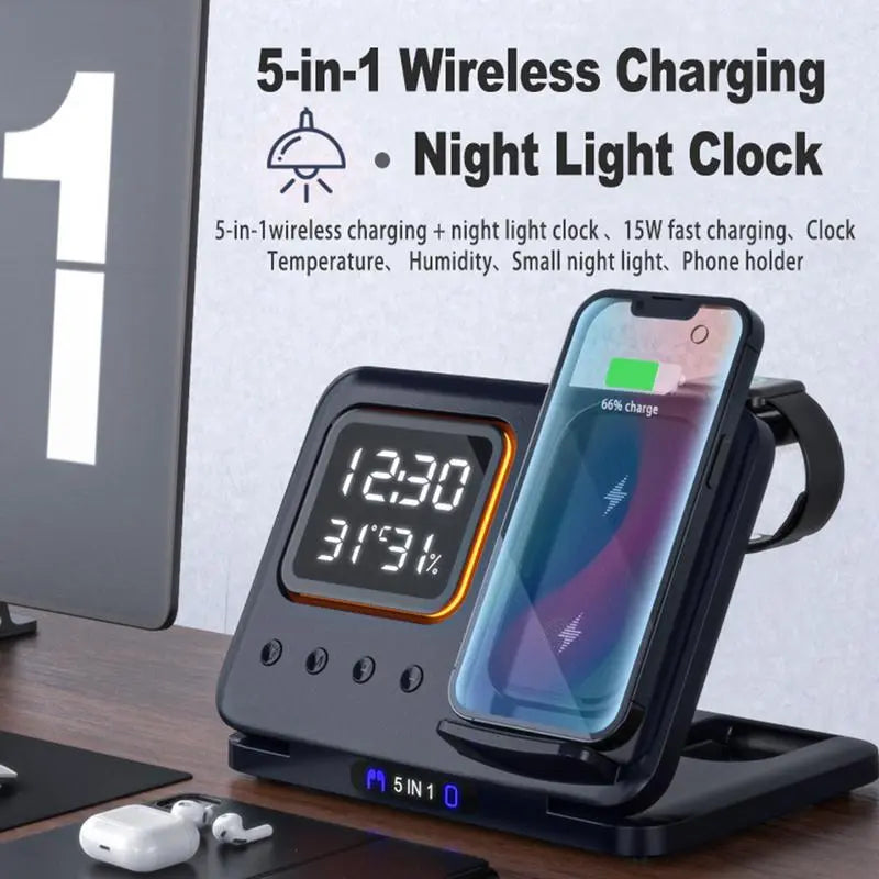 15W Wireless Chargers Stand 5 In1 LED Digital Alarm Clock Fast Charging Dock Station MyQualityproduct.shop