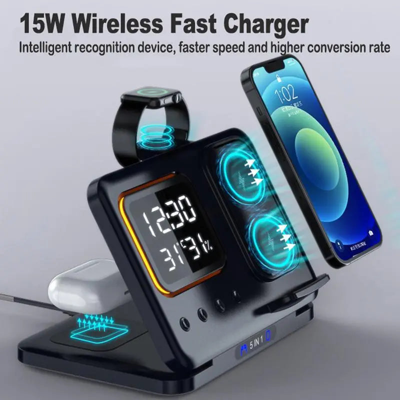 15W Wireless Chargers Stand 5 In1 LED Digital Alarm Clock Fast Charging Dock Station MyQualityproduct.shop