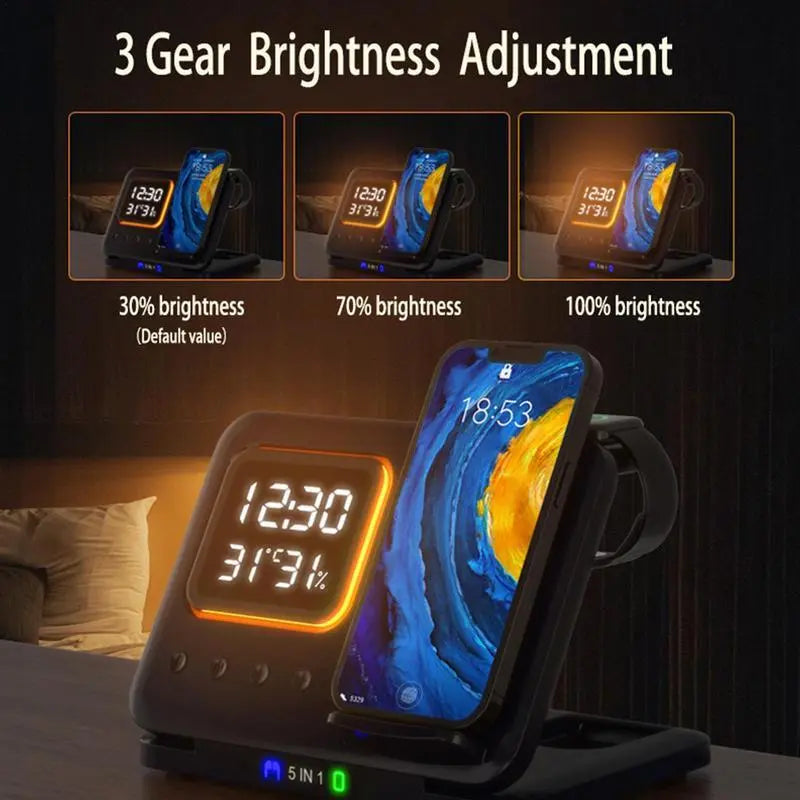 15W Wireless Chargers Stand 5 In1 LED Digital Alarm Clock Fast Charging Dock Station MyQualityproduct.shop