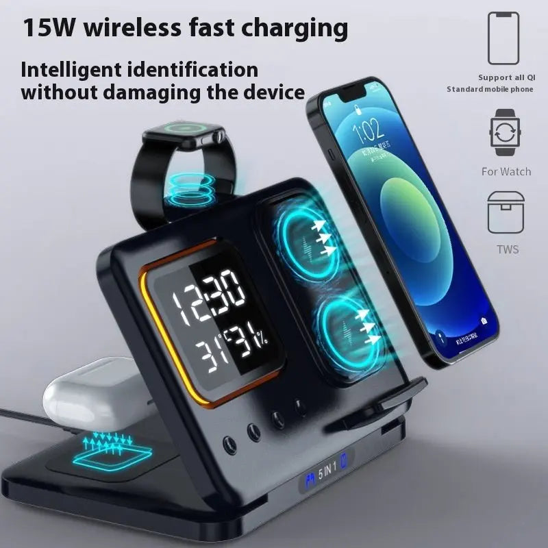 15W Wireless Chargers Stand 5 In1 LED Digital Alarm Clock Fast Charging Dock Station MyQualityproduct.shop