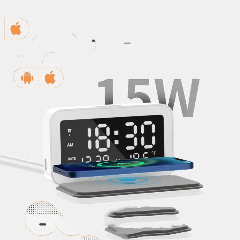 6 IN 1 Wireless Charging Clock Digital Thermometer 15W Wireless Chargers LED Night Light Alarm Clock Mobile Phone Fast Charging MyQualityproduct.shop