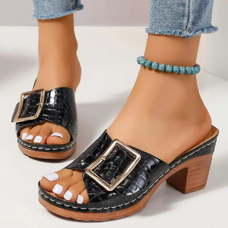 Fashion Crocodile-textured Buckle Sandals Square Chunky Heel Peep-toe Slides Slippers Women Shoes MyQualityproduct.shop