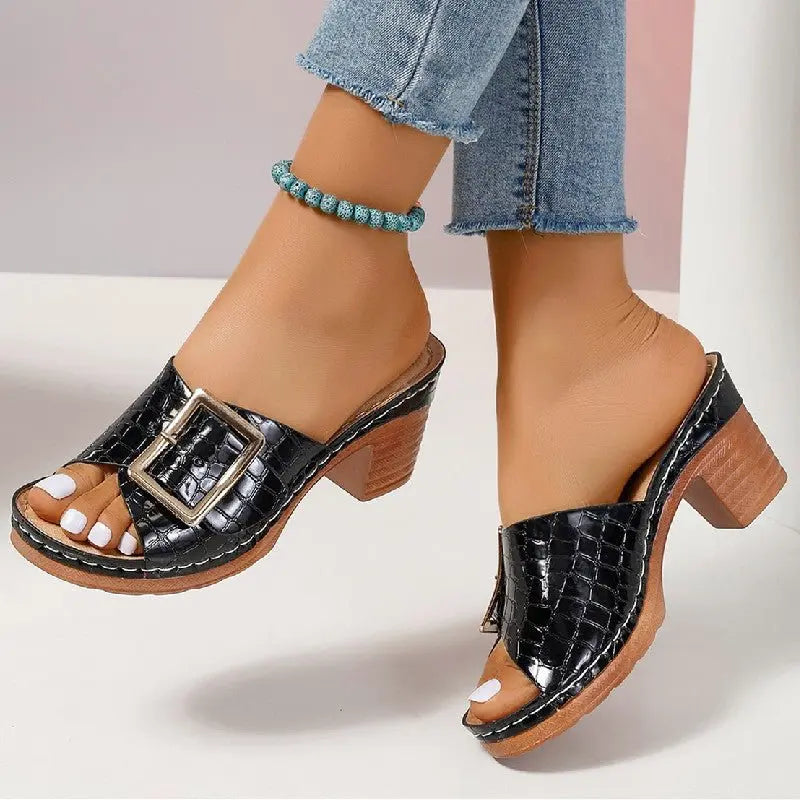 Fashion Crocodile-textured Buckle Sandals Square Chunky Heel Peep-toe Slides Slippers Women Shoes MyQualityproduct.shop