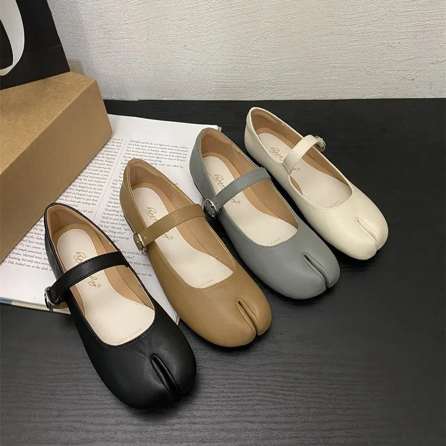 French Flat White Split Toe Mary Jane Single Shoe For Women MyQualityproduct.shop