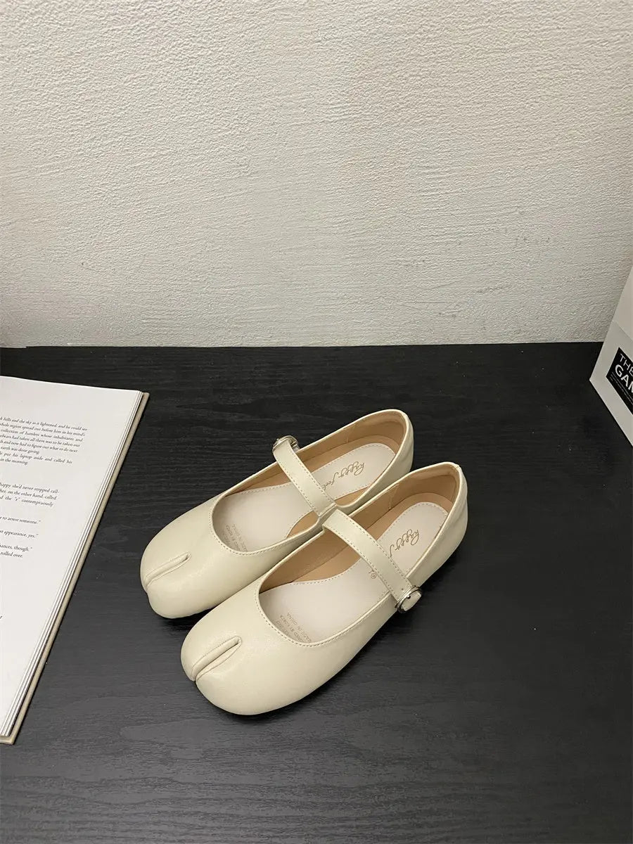 French Flat White Split Toe Mary Jane Single Shoe For Women MyQualityproduct.shop