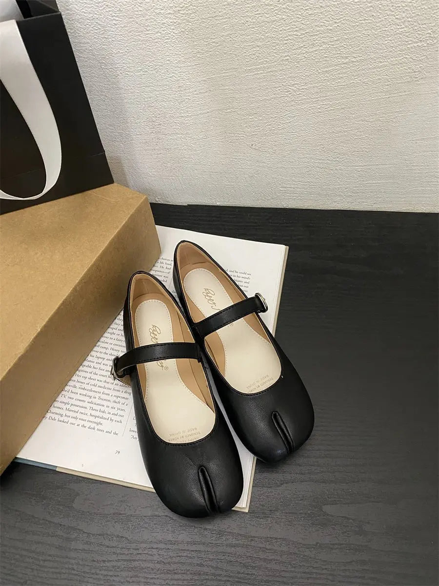 French Flat White Split Toe Mary Jane Single Shoe For Women MyQualityproduct.shop