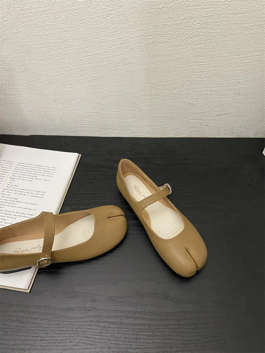 French Flat White Split Toe Mary Jane Single Shoe For Women MyQualityproduct.shop