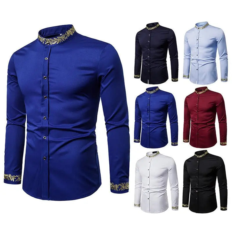 Gold Embroidery White Shirt Men Brand New Stand Collar Mens Dress Shirts Casual Slim Long Sleeve Chemise Homme Camisa Masculina MyQualityproduct.shop