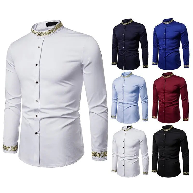 Gold Embroidery White Shirt Men Brand New Stand Collar Mens Dress Shirts Casual Slim Long Sleeve Chemise Homme Camisa Masculina MyQualityproduct.shop