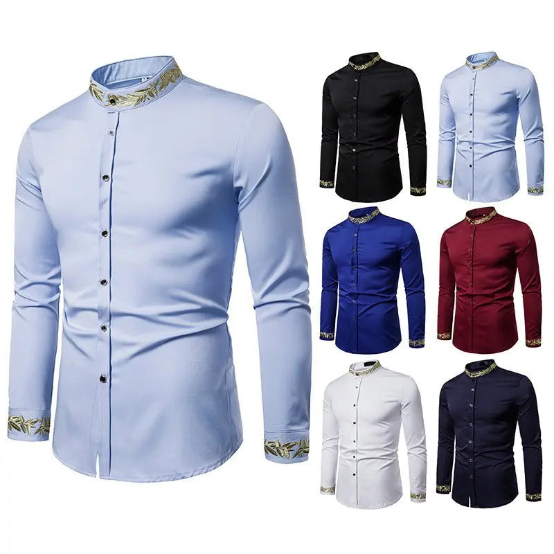 Gold Embroidery White Shirt Men Brand New Stand Collar Mens Dress Shirts Casual Slim Long Sleeve Chemise Homme Camisa Masculina MyQualityproduct.shop