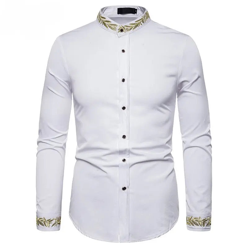 Gold Embroidery White Shirt Men Brand New Stand Collar Mens Dress Shirts Casual Slim Long Sleeve Chemise Homme Camisa Masculina MyQualityproduct.shop