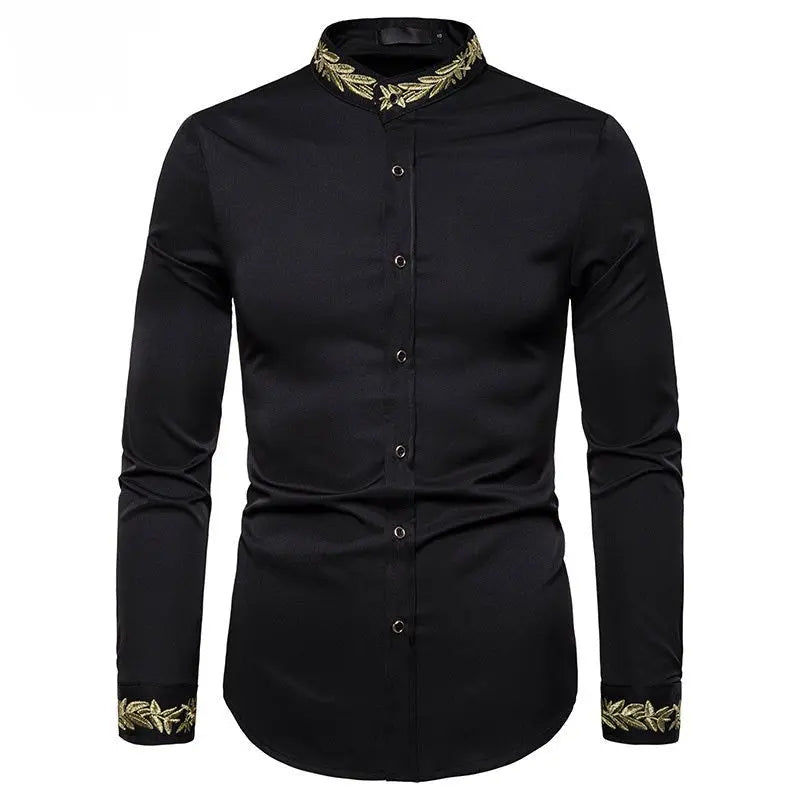 Gold Embroidery White Shirt Men Brand New Stand Collar Mens Dress Shirts Casual Slim Long Sleeve Chemise Homme Camisa Masculina MyQualityproduct.shop