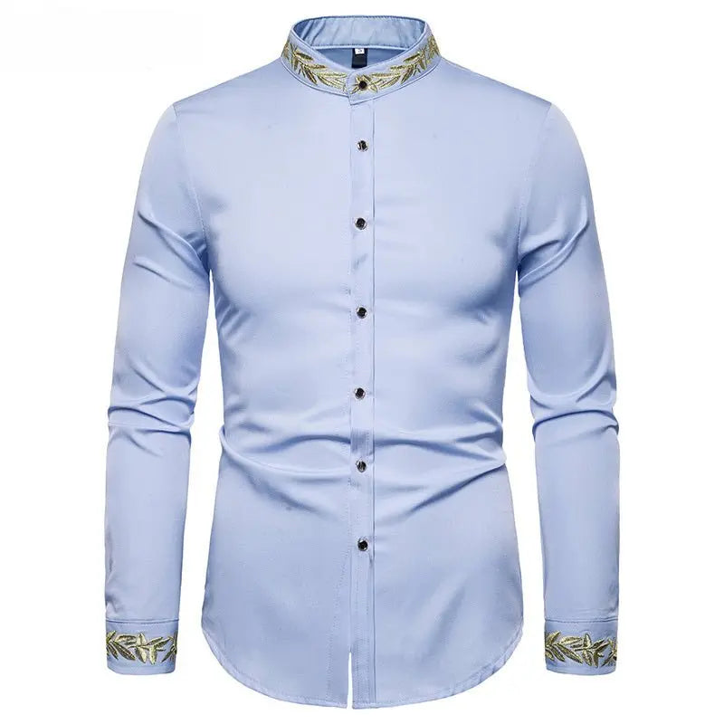 Gold Embroidery White Shirt Men Brand New Stand Collar Mens Dress Shirts Casual Slim Long Sleeve Chemise Homme Camisa Masculina MyQualityproduct.shop