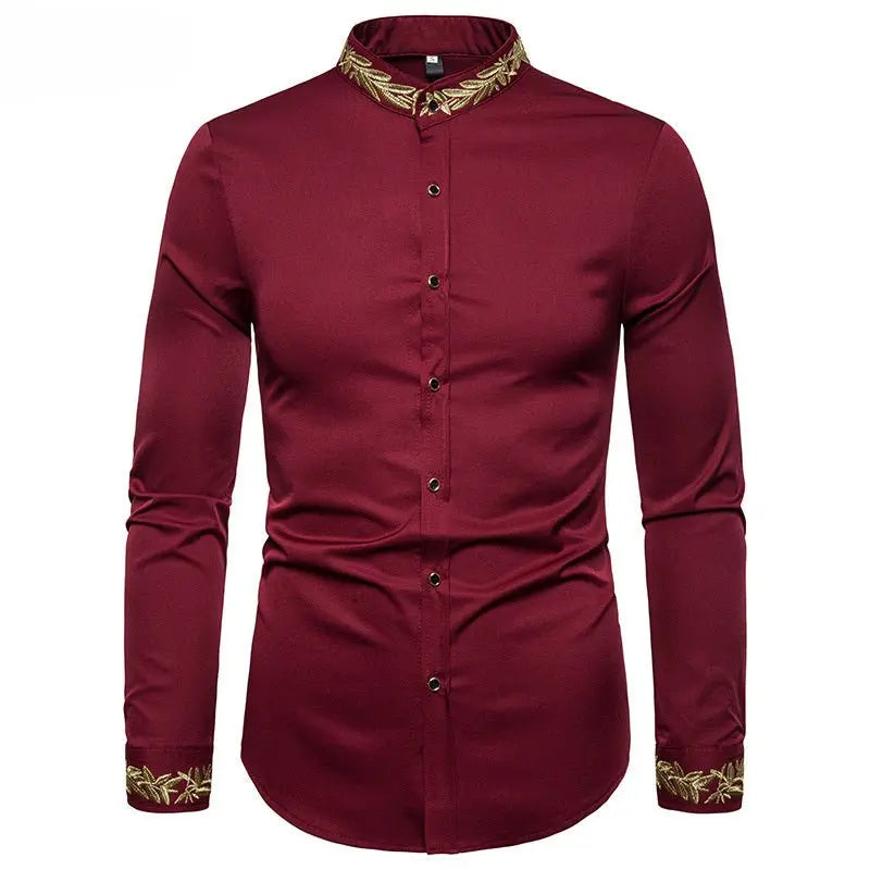 Gold Embroidery White Shirt Men Brand New Stand Collar Mens Dress Shirts Casual Slim Long Sleeve Chemise Homme Camisa Masculina MyQualityproduct.shop