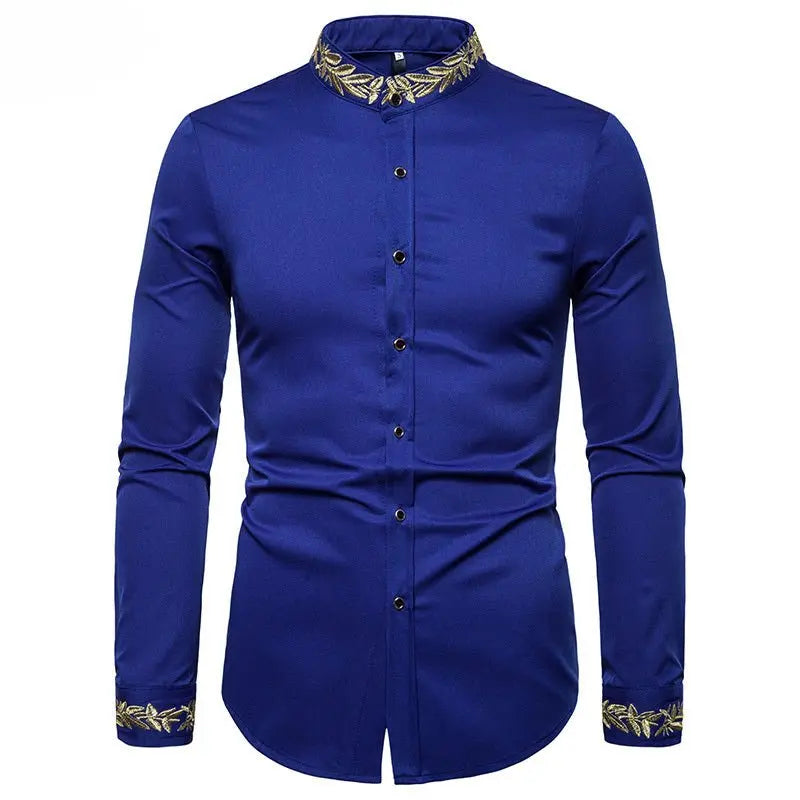 Gold Embroidery White Shirt Men Brand New Stand Collar Mens Dress Shirts Casual Slim Long Sleeve Chemise Homme Camisa Masculina MyQualityproduct.shop