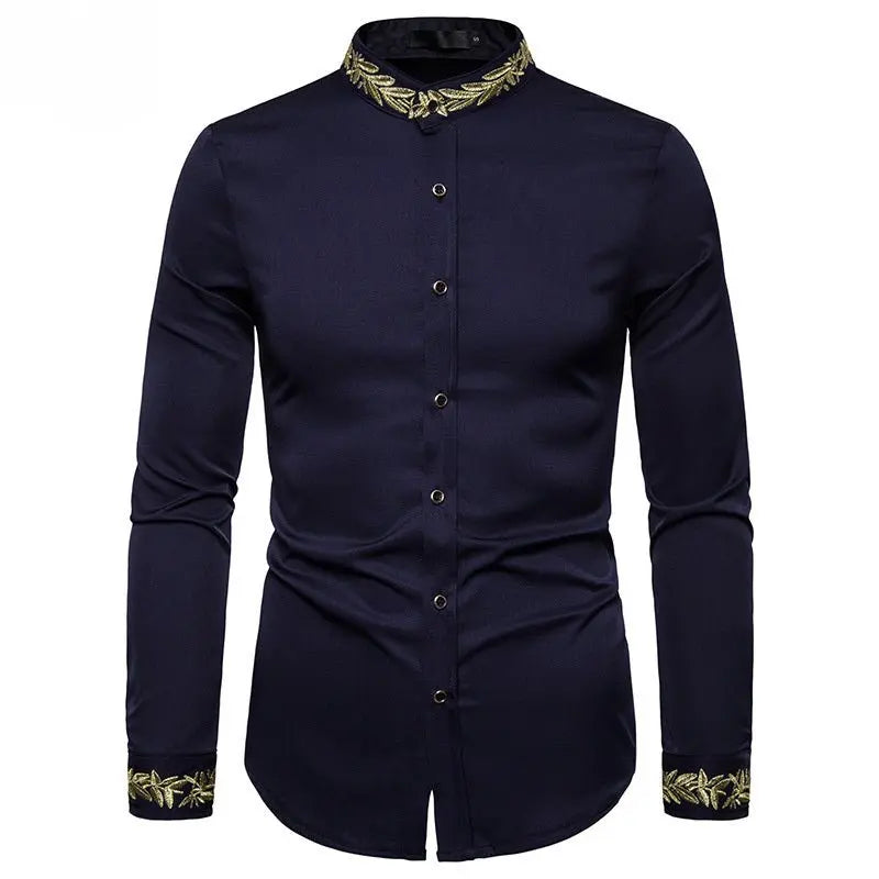 Gold Embroidery White Shirt Men Brand New Stand Collar Mens Dress Shirts Casual Slim Long Sleeve Chemise Homme Camisa Masculina MyQualityproduct.shop