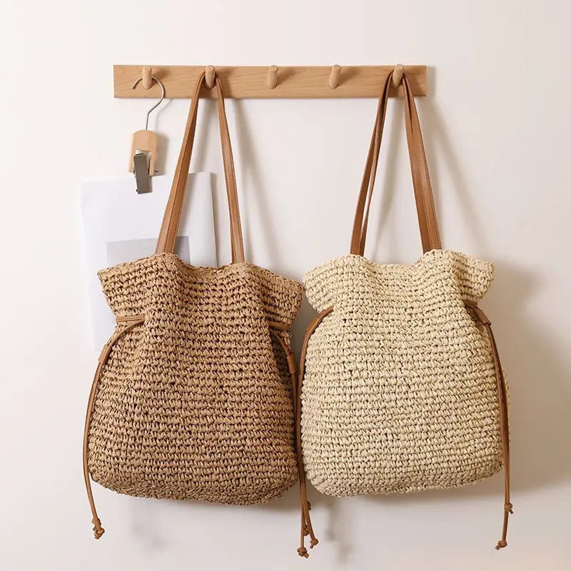 Large Capacity Straw Bag Drawstring Hand-carrying Knitting Shoulder Bag MyQualityproduct.shop