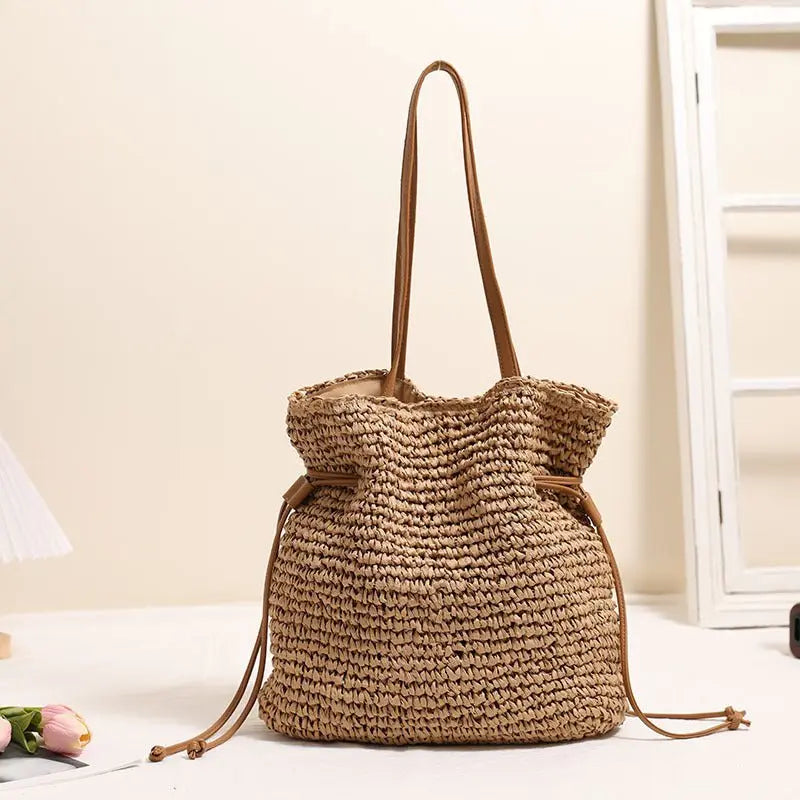 Large Capacity Straw Bag Drawstring Hand-carrying Knitting Shoulder Bag MyQualityproduct.shop