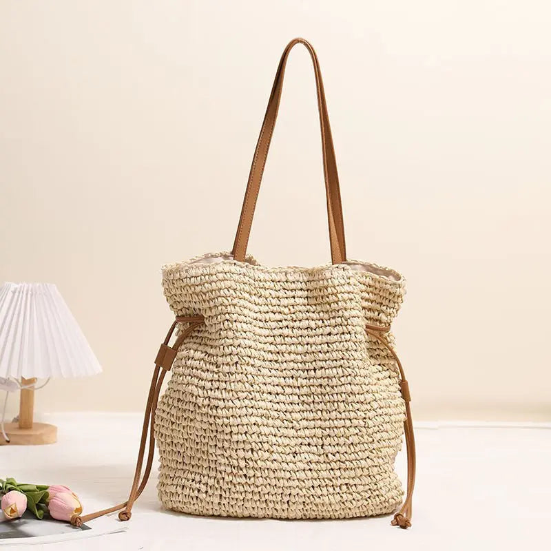 Large Capacity Straw Bag Drawstring Hand-carrying Knitting Shoulder Bag MyQualityproduct.shop