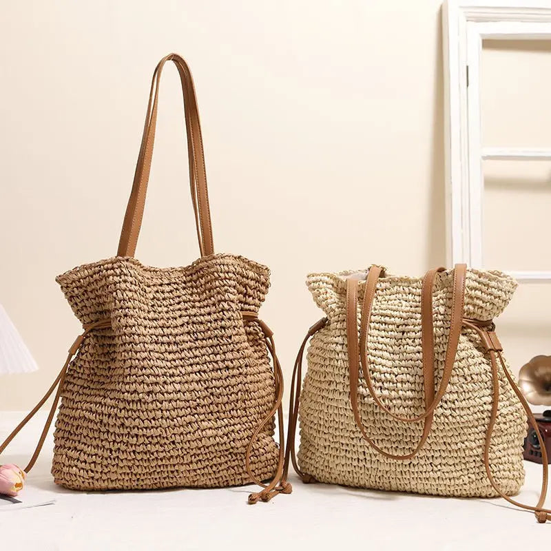 Large Capacity Straw Bag Drawstring Hand-carrying Knitting Shoulder Bag MyQualityproduct.shop