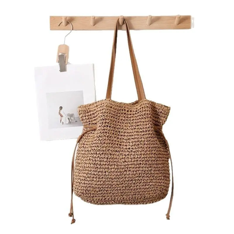 Large Capacity Straw Bag Drawstring Hand-carrying Knitting Shoulder Bag MyQualityproduct.shop