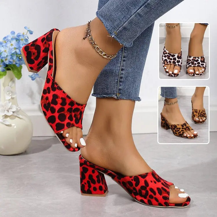 Leopard Square Toe Sandals Summer High-heeled Slippers Chunky Heel Shoes For Women MyQualityproduct.shop