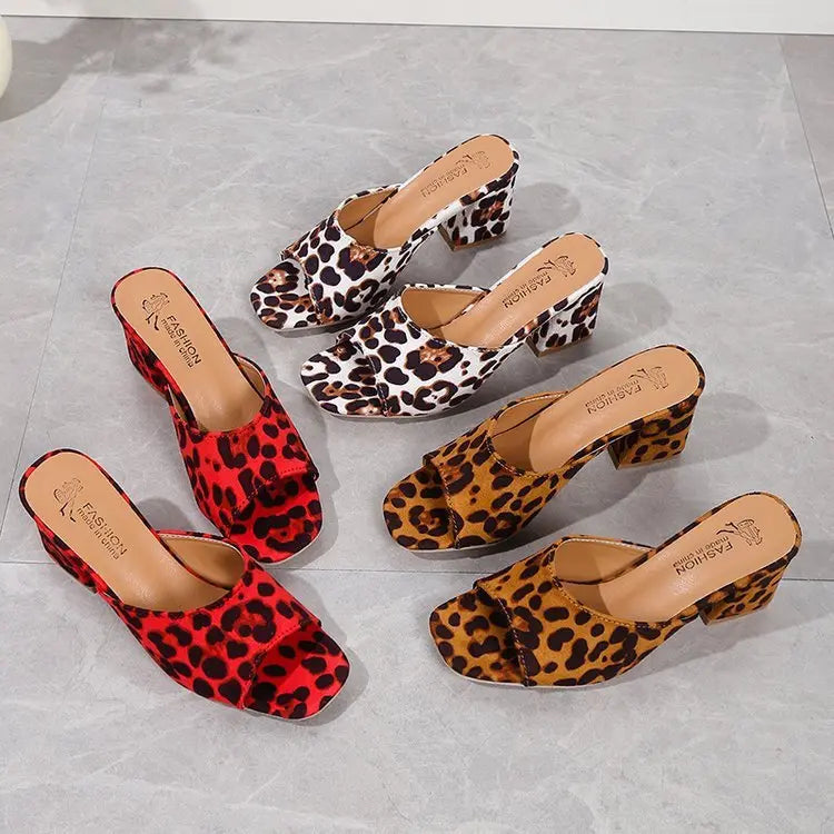 Leopard Square Toe Sandals Summer High-heeled Slippers Chunky Heel Shoes For Women MyQualityproduct.shop