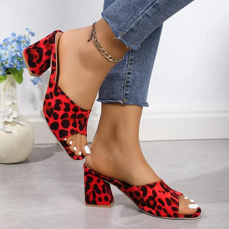 Leopard Square Toe Sandals Summer High-heeled Slippers Chunky Heel Shoes For Women MyQualityproduct.shop