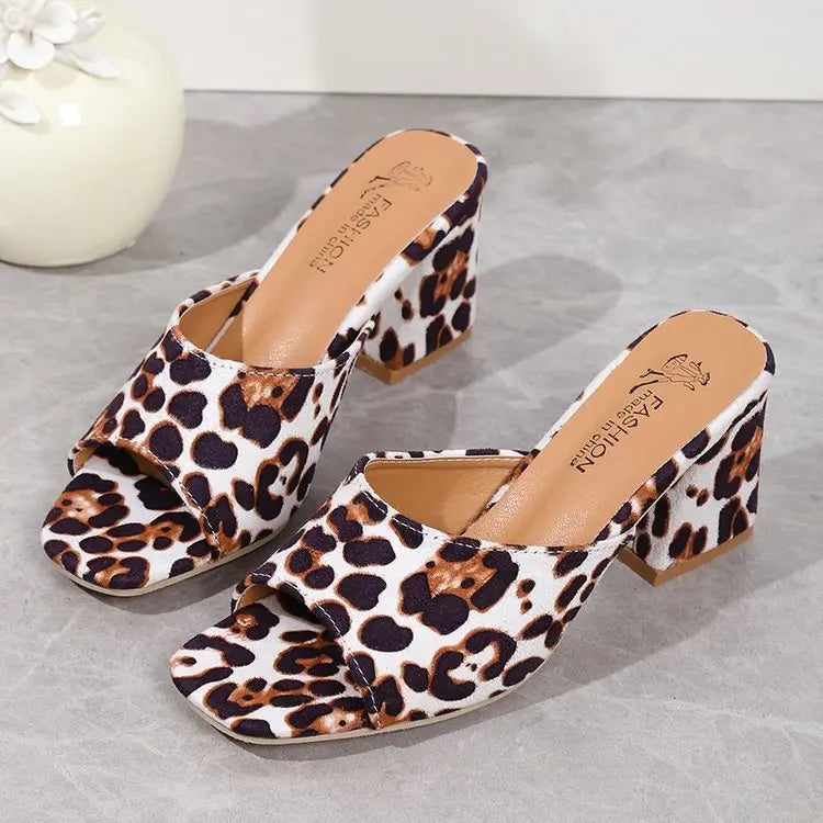 Leopard Square Toe Sandals Summer High-heeled Slippers Chunky Heel Shoes For Women MyQualityproduct.shop