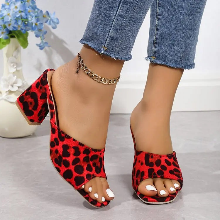 Leopard Square Toe Sandals Summer High-heeled Slippers Chunky Heel Shoes For Women MyQualityproduct.shop