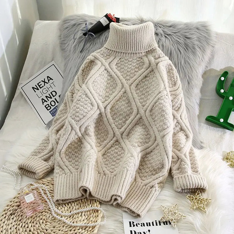 Plaid Turtleneck Knitted Women Sweaters Solid Thicken Warm Loose All Match Pulls Outwear Coat Tops MyQualityproduct.shop