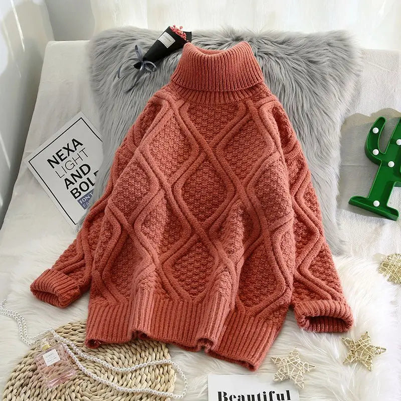 Plaid Turtleneck Knitted Women Sweaters Solid Thicken Warm Loose All Match Pulls Outwear Coat Tops MyQualityproduct.shop