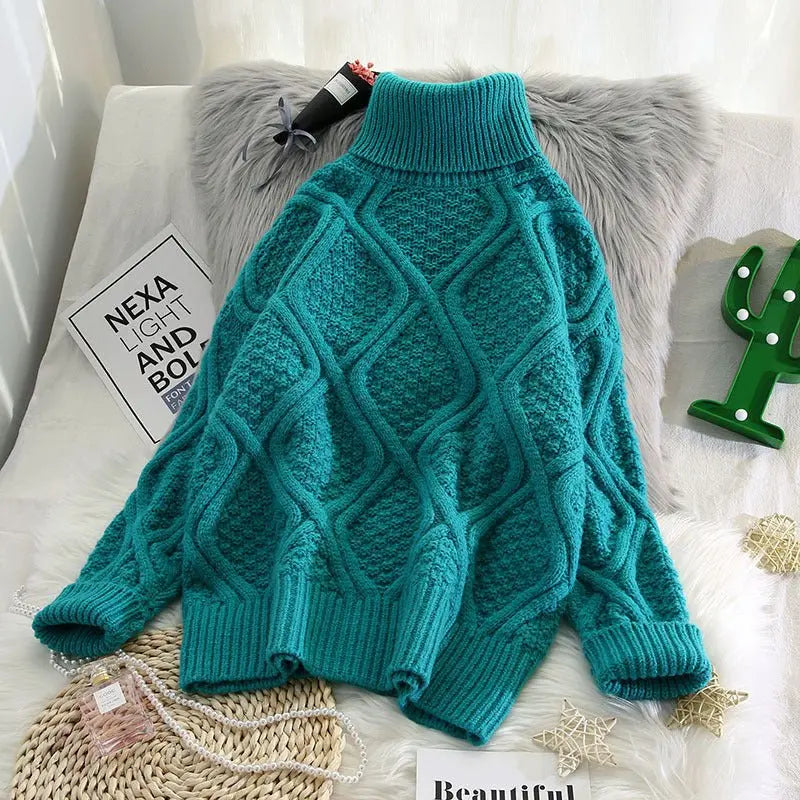 Plaid Turtleneck Knitted Women Sweaters Solid Thicken Warm Loose All Match Pulls Outwear Coat Tops MyQualityproduct.shop