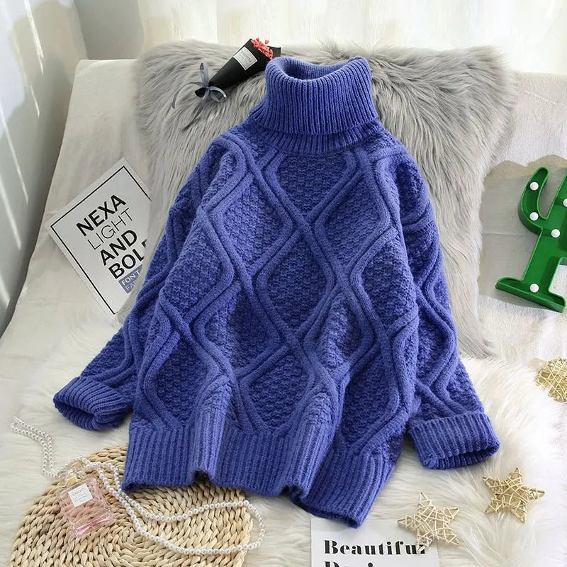 Plaid Turtleneck Knitted Women Sweaters Solid Thicken Warm Loose All Match Pulls Outwear Coat Tops MyQualityproduct.shop