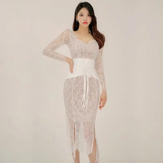 Sheath Slit Lace Dress Women MyQualityproduct.shop