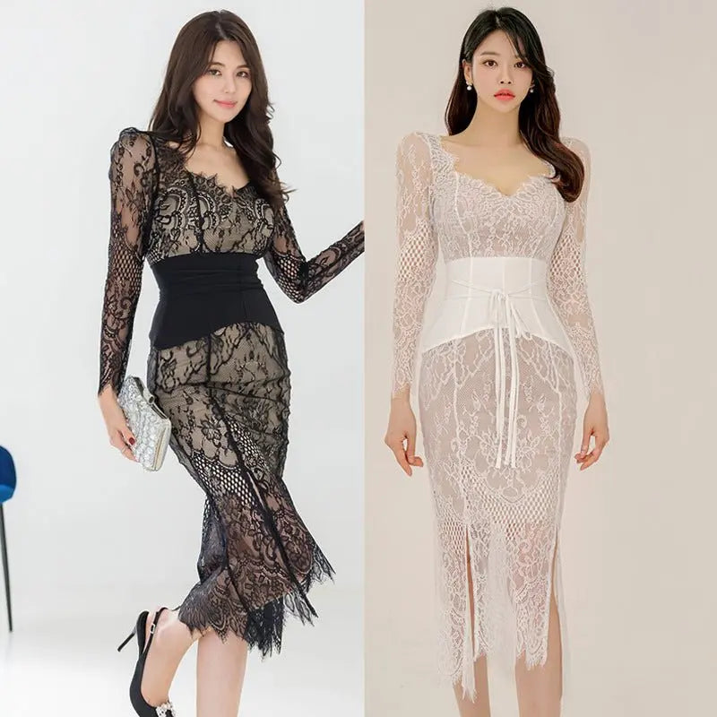 Sheath Slit Lace Dress Women MyQualityproduct.shop