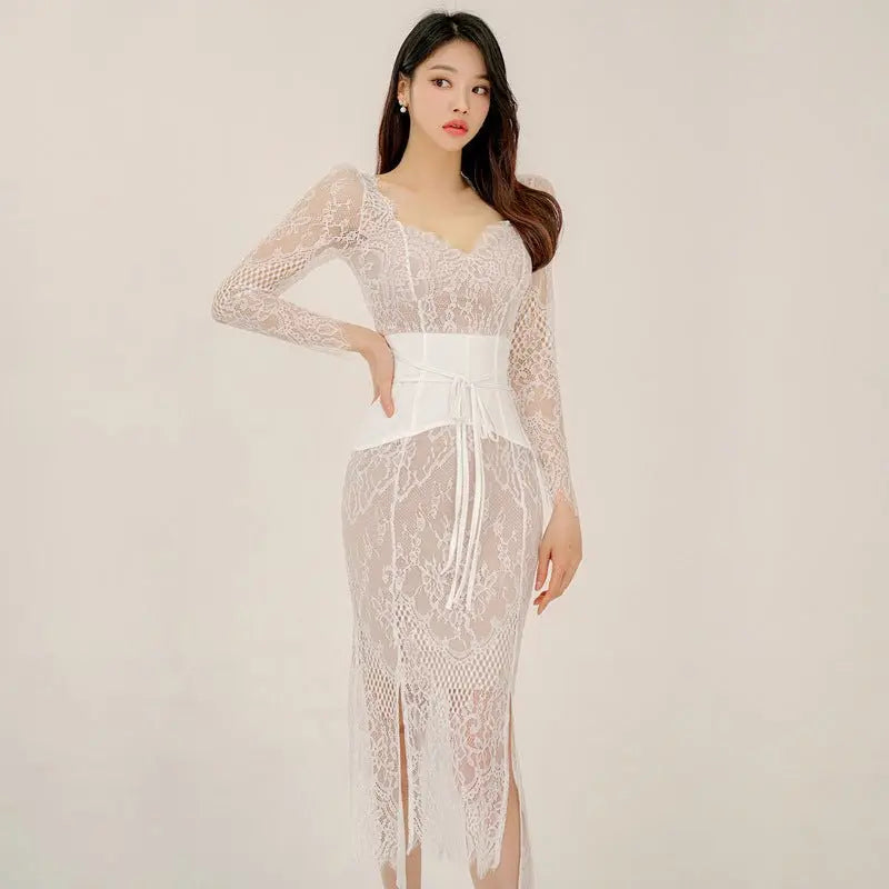 Sheath Slit Lace Dress Women MyQualityproduct.shop