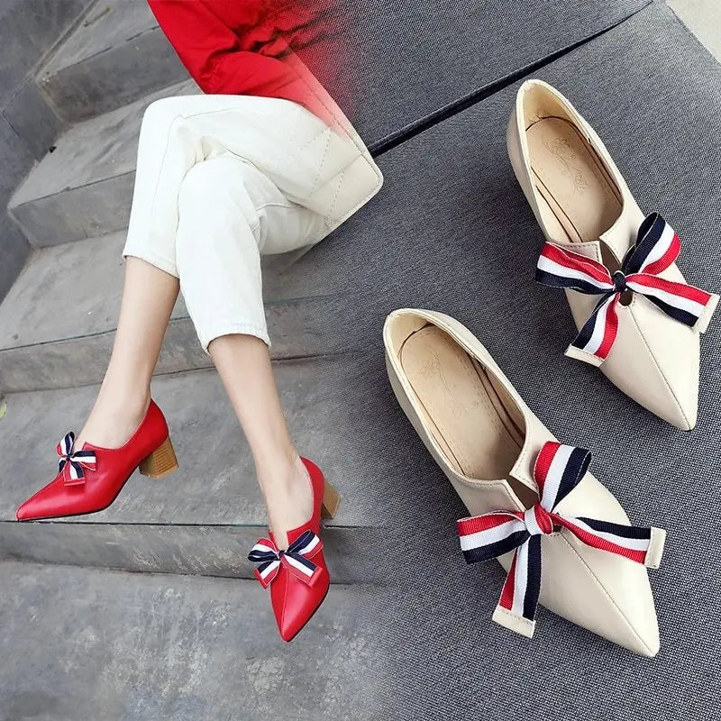 Thick heel bowknot single shoe MyQualityproduct.shop