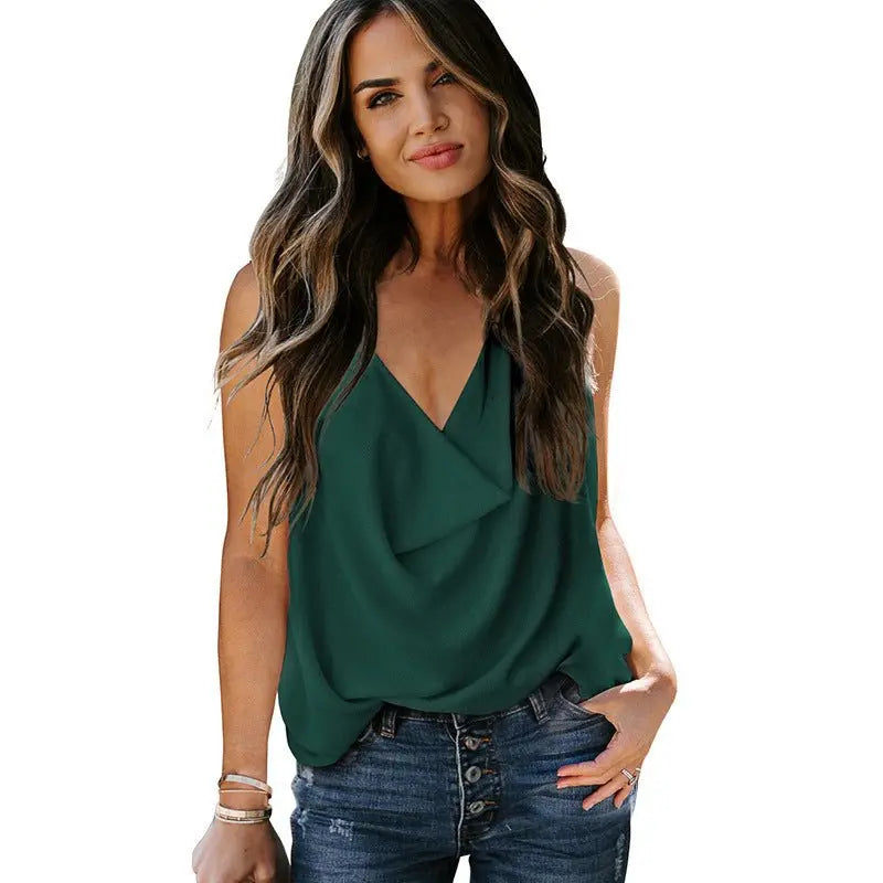 Top Loose V-neck Chiffon Tank Top Women - MyQualityproduct.shop