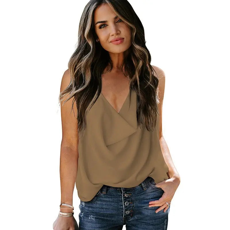 Top Loose V-neck Chiffon Tank Top Women - MyQualityproduct.shop