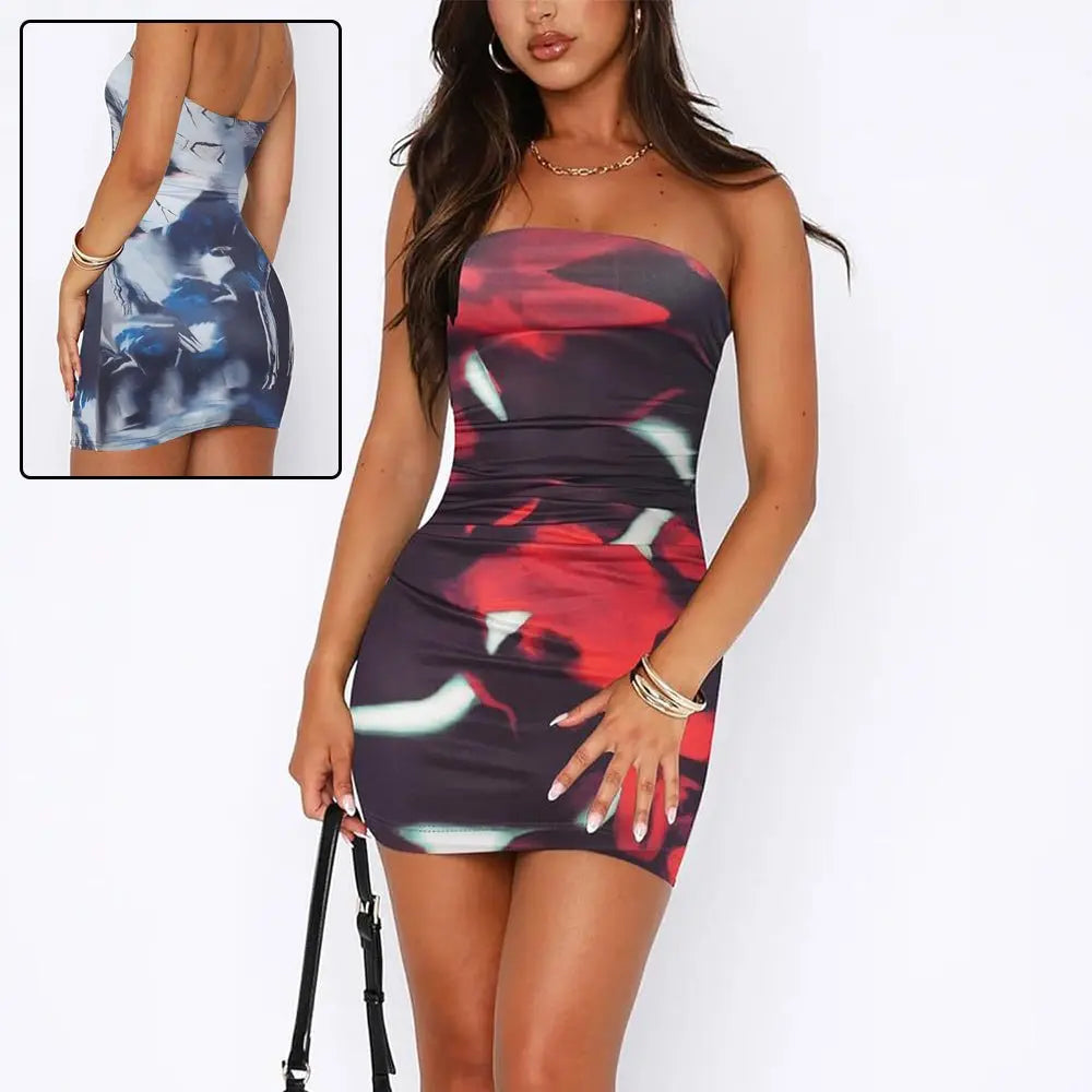 Tube Top Printed Pleated Pullover Hip Wrap Short Dress MyQualityproduct.shop