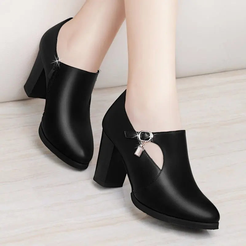 With all-match shoes spring new high-heeled shoes with thick women and middle-aged lady mother shoe leather shoes MyQualityproduct.shop