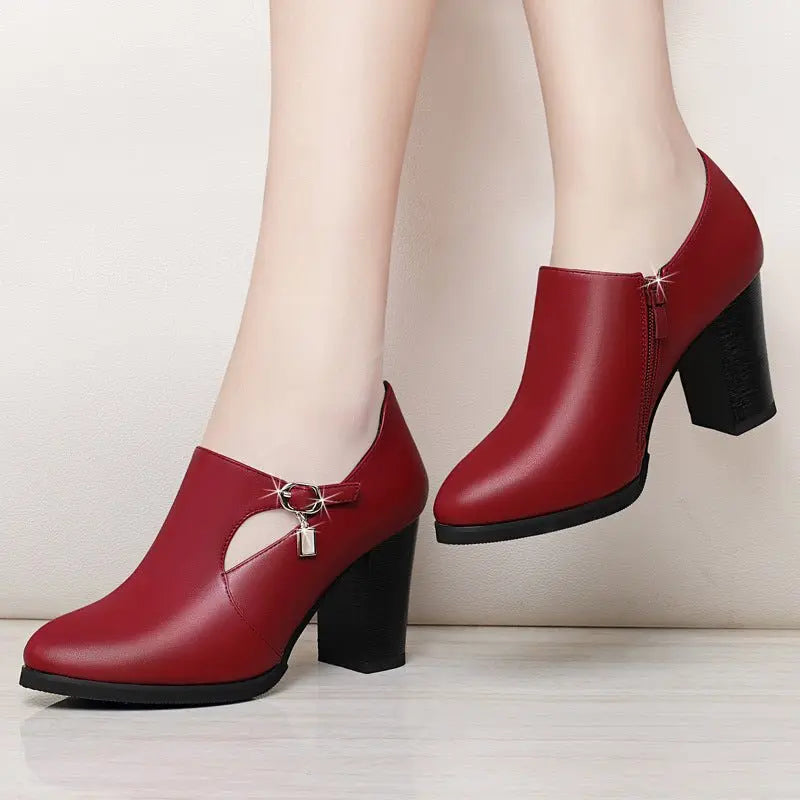 With all-match shoes spring new high-heeled shoes with thick women and middle-aged lady mother shoe leather shoes MyQualityproduct.shop