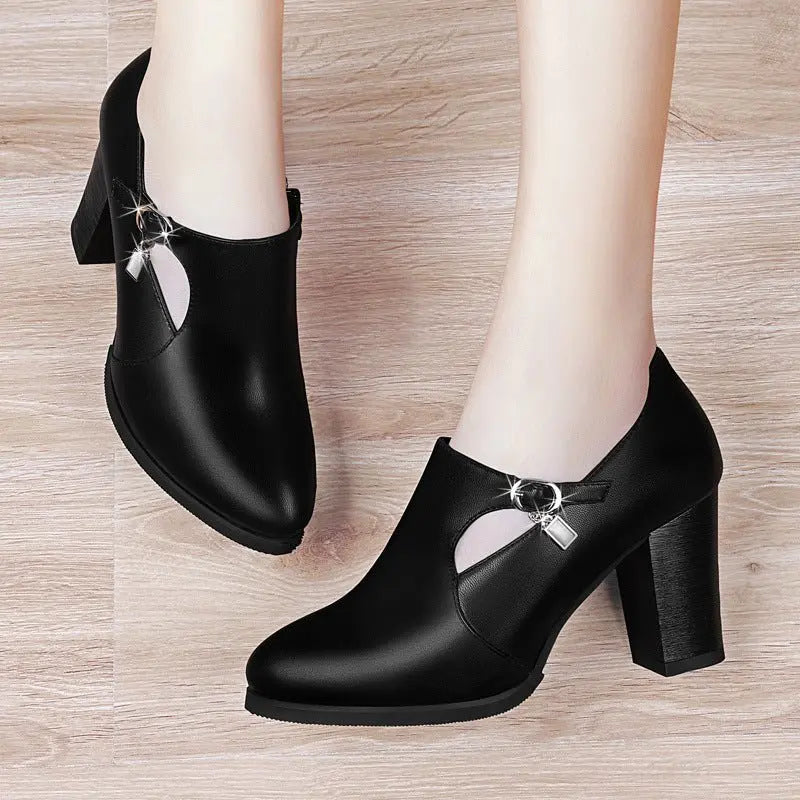 With all-match shoes spring new high-heeled shoes with thick women and middle-aged lady mother shoe leather shoes MyQualityproduct.shop