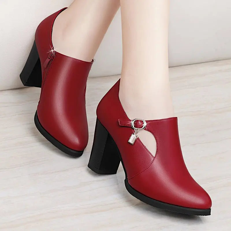 With all-match shoes spring new high-heeled shoes with thick women and middle-aged lady mother shoe leather shoes MyQualityproduct.shop